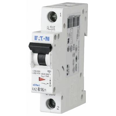 Jistič Eaton xEffect FAZ-B16/1, 16A, 1-pólový. Bílé pouzdro s pákovým spínačem, technické údaje a symboly na přední straně.
