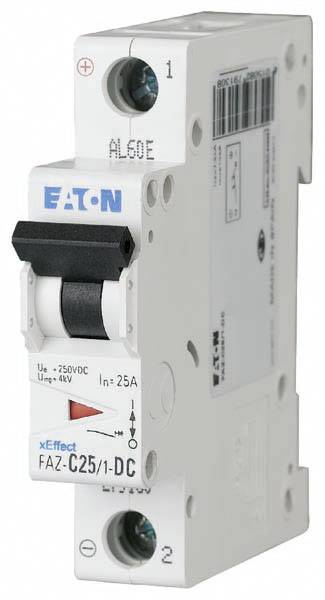 Jednopólový jistič od společnosti Eaton, model FAZ-C25/1-DC, vhodný pro 25A. Určen k ochraně stejnosměrných elektrických obvodů.