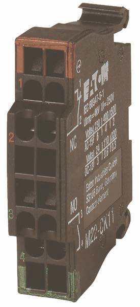 Černý elektrický spínač značky Eaton, model M22-CK11, s červeným a zeleným připojením. Vyvinutý pro průmyslové aplikace.