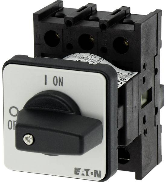 Černý otočný přepínač s popisem „I ZAP" a „O VYP", namontovaný na elektrické svorkovnici značky Eaton.