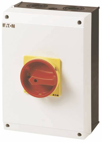 Bílá elektrická rozvodná skříň s velkým červeným otočným přepínačem uprostřed, na které je vytištěno logo 'Eaton'.