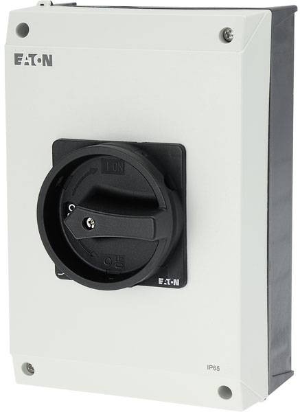 Elektrický ochranný spínač Eaton, bílé pouzdro, černá otočná páka, vhodný pro průmyslové aplikace, stupeň krytí IP65.