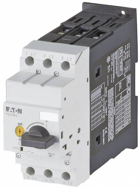 Elektrický motorový jistič značky Eaton, model PKZM4. Je vybaven několika připojovacími svorkami a vypínačem pro ovládání.
