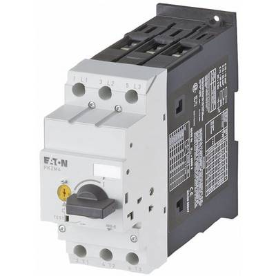 Elektrický motorový jistič značky Eaton, model PKZM4. Je vybaven několika připojovacími svorkami a vypínačem pro ovládání.