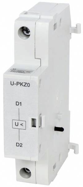 Bílé elektrické spínací zařízení s nápisem 'U-PKZ0', zobrazené se dvěma šroubovými otvory nahoře a dole.