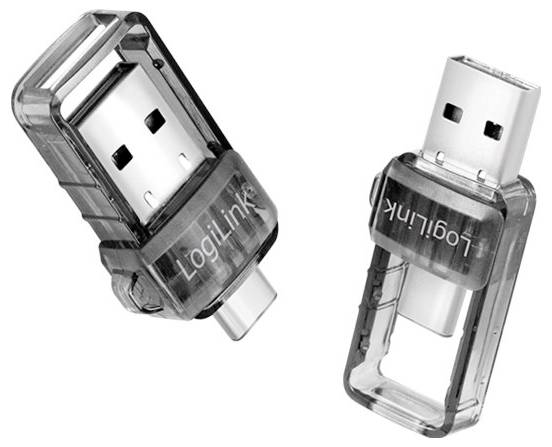 Dva průhledné USB disky s nápisem 'Logilink'. Jeden je zasunutý, druhý ukazuje USB rozhraní nahoru.