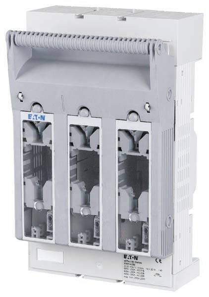Elektrický bezpečnostní výkonový spínač s třífázovým připojením, šedé a bílé barvy, výrobce Eaton, pohled zepředu.