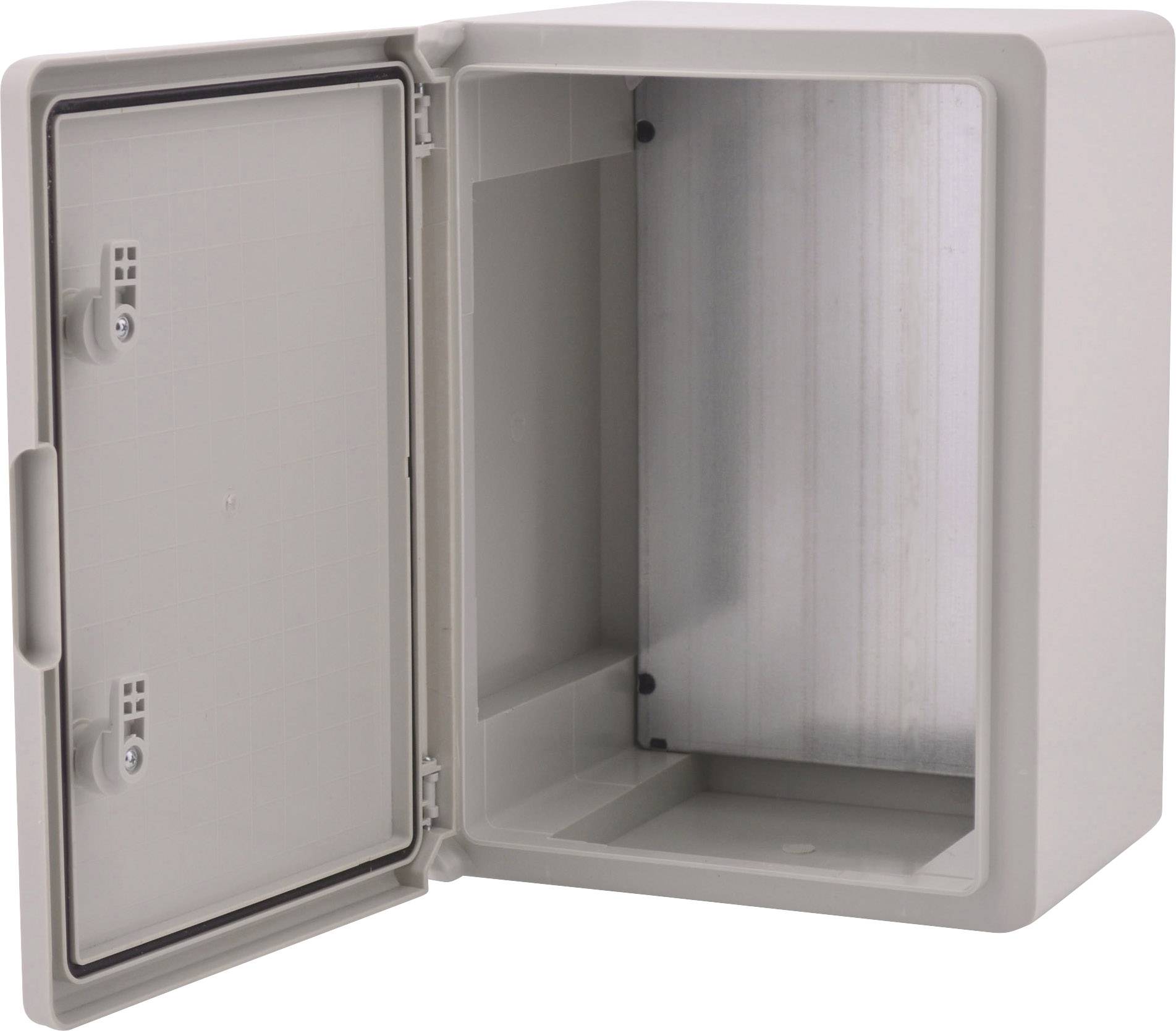 Otevřený šedý plastový box se dvěma zámky na dvířkách, vhodný pro bezpečné uchovávání elektrických komponentů.