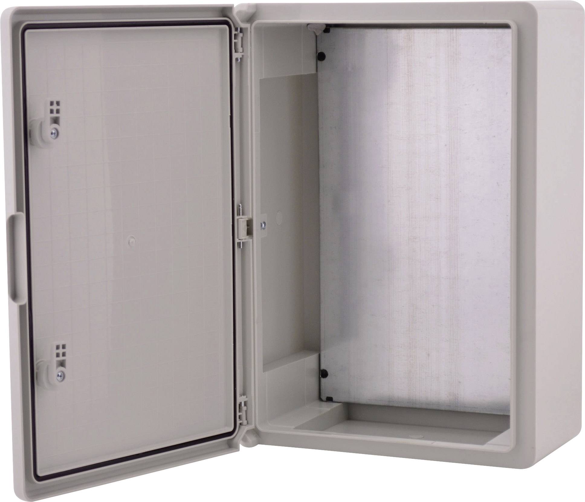 Otevřená šedá rozvodná skříň s ocelovým dnem a dvěma plastovými panty na levé straně.