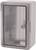 Šedá uzavřená elektrická rozvodná skříň s průhlednými dvířky, vhodná pro ochranu a organizaci elektrických komponentů.
