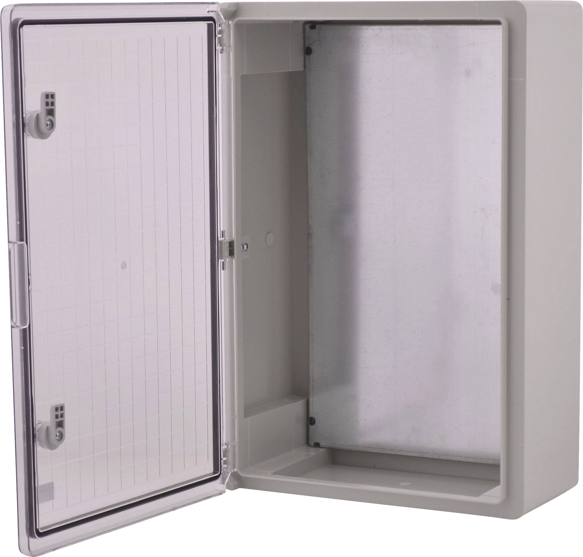 Otevřená, prázdná šedá skříň s průhledným plastovým víkem. Vnitřní prostor je hladký a prostý.