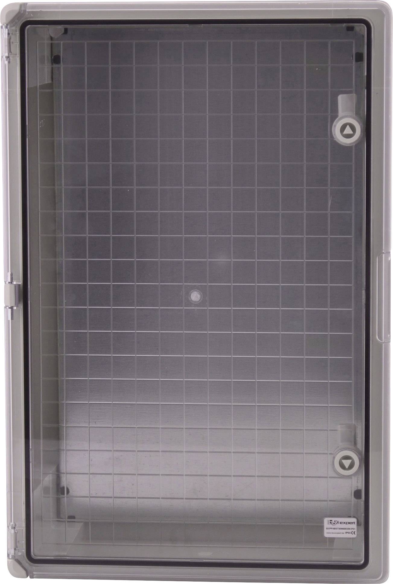 Prázdný, průhledný pojistkový rozvaděč s šedými okraji a rastrovým vzorem na víku.