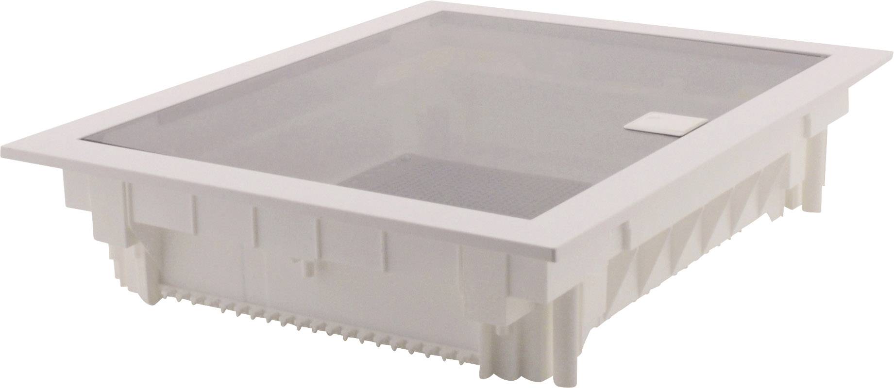 Bílý instalační box s průhledným víkem, plochý obdélníkový tvar. Ideální pro instalaci do stěn nebo podhledů.