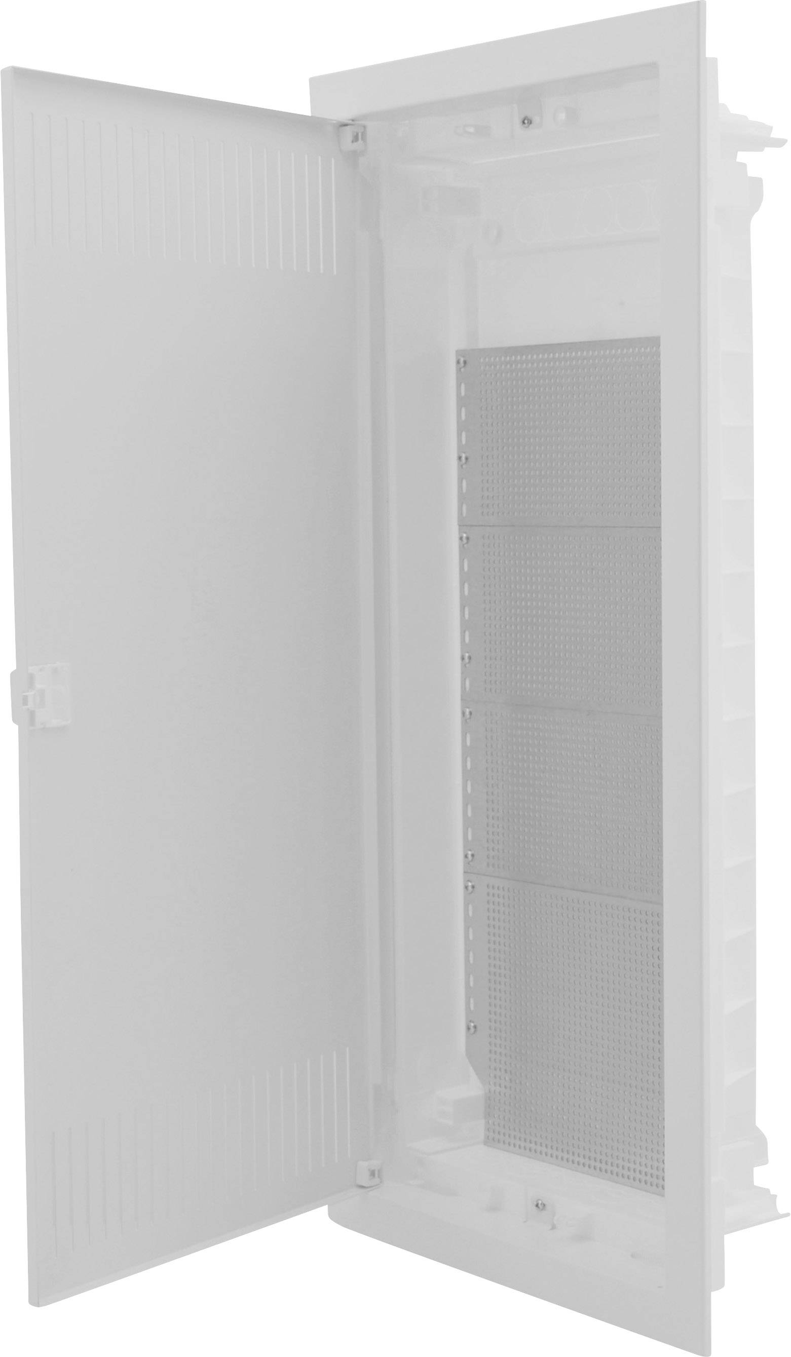 Bílá rozváděcí skříň s otevřenými dvířky a perforovanou zadní stěnou, vhodná pro elektronické nebo elektrické instalace.