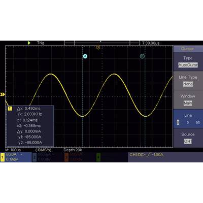 Displej osciloskopu zobrazuje žlutou sinusovou křivku. Naměřené hodnoty: Δx: 0,493 ms, f: 2,033 kHz, yt: -85,000 mA, y2: -85,000 mA.