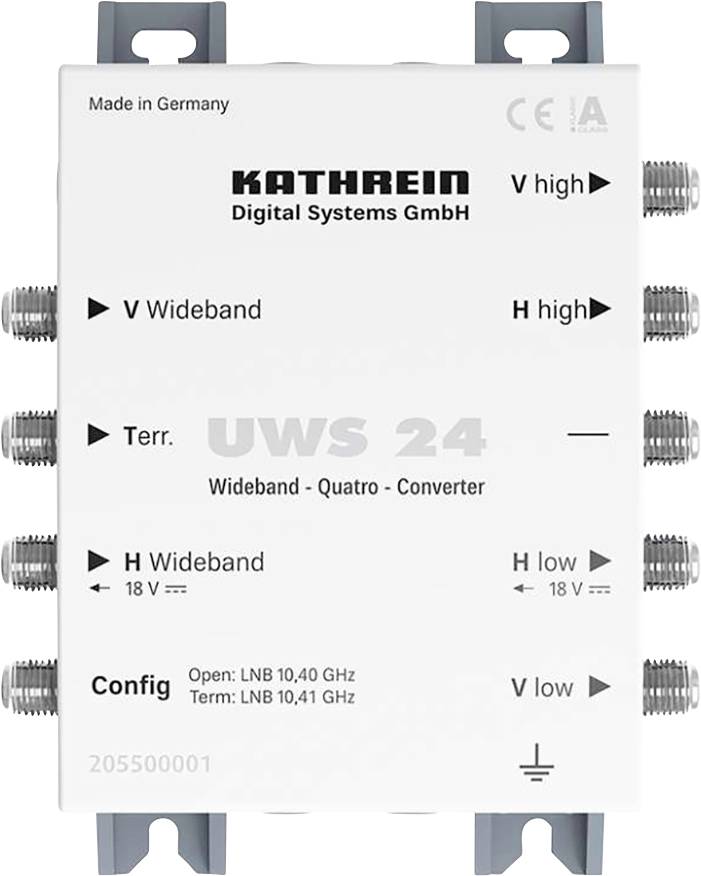 Širokopásmový čtyřsměrový konvertor značky Kathrein s přípoji pro V Wideband, H Wideband, V high, H high a pozemní příjem.