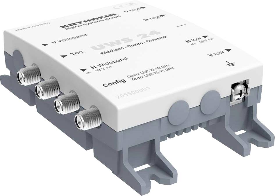 Bílé, obdélníkové elektrické zařízení s přípojkami na levé straně. Označené štítkem 'UWS 24' a několika technickými údaji.