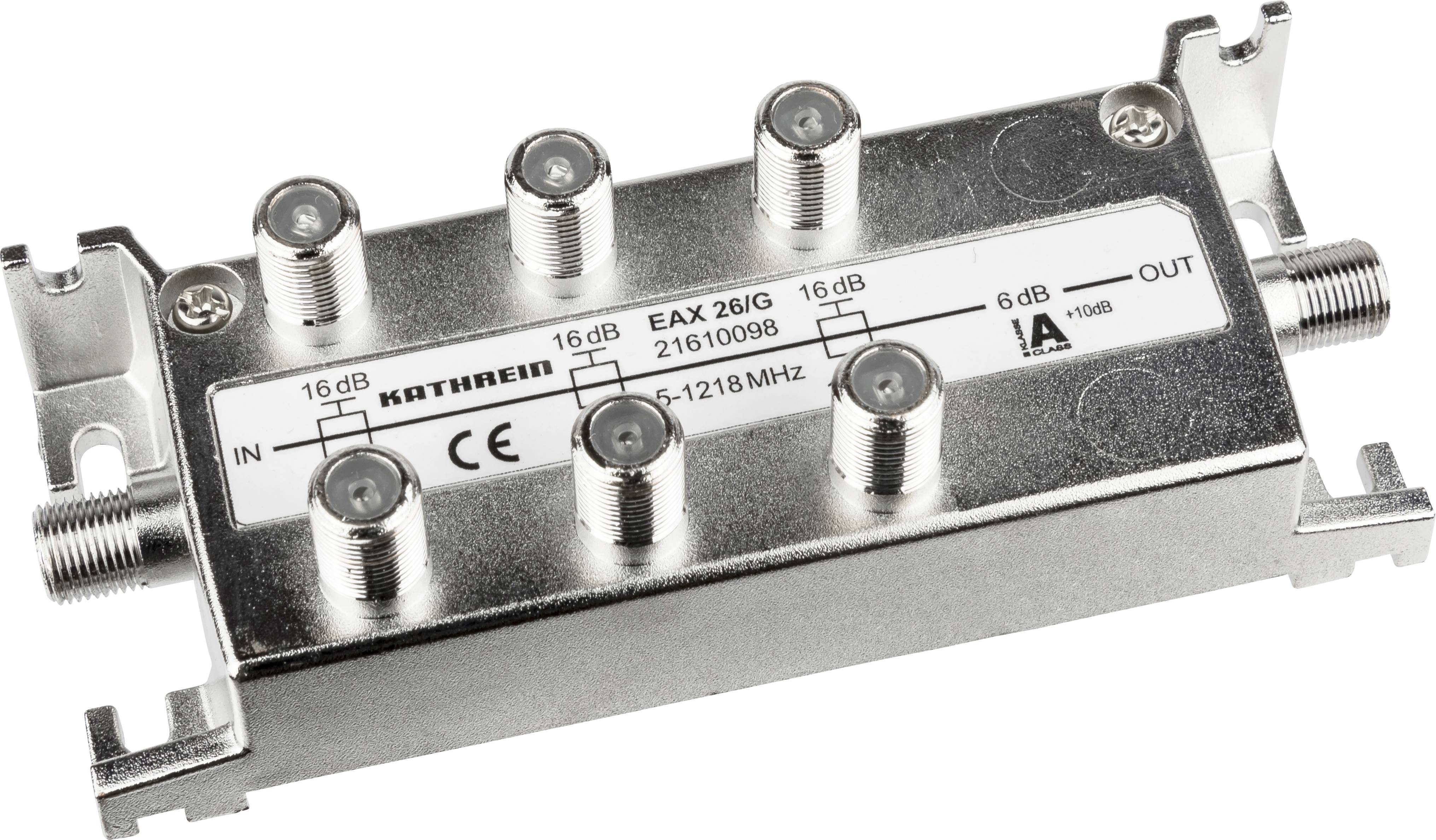 Šestinásobný rozvaděč od společnosti Kathrein, model EAX 26/G, s vstupními a výstupními konektory. Frekvenční rozsah: 5-1218 MHz.