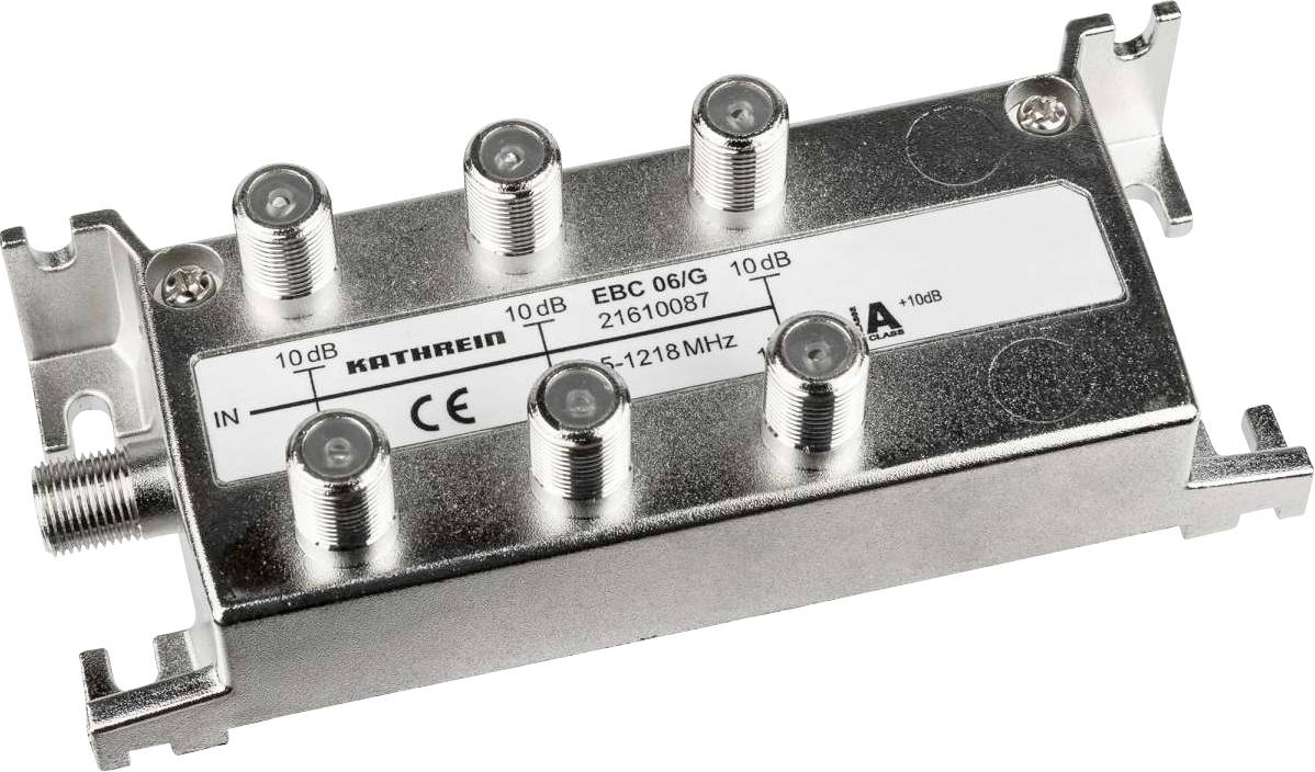 Elektronické zařízení se šesti koaxiálními vstupy, označené štítkem '10dB', 'KATHREIN', 'EBC 06/G', '21610087', s frekvencí '5-1218MHz'.