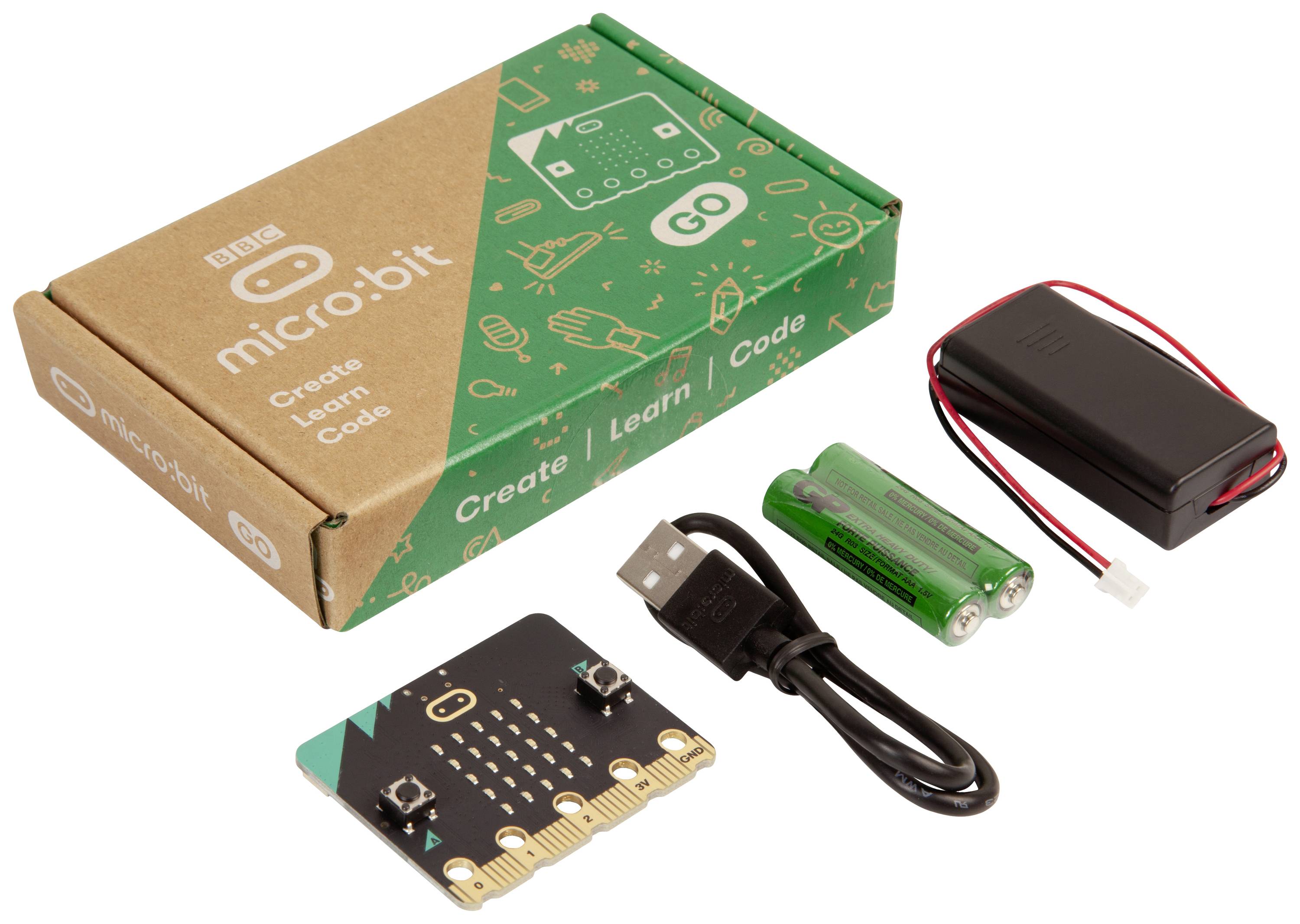 Mikrořadič-sada: Mikrořadič s deskou plošných spojů, přihrádkou na baterie, dvěma bateriemi, USB kabelem a obalem s logem 'micro:bit'.