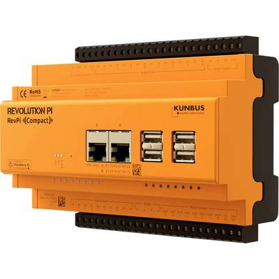 Oranžový modul Revolution Pi (RevPi Compact) od společnosti Kunbus s ethernetovým a USB připojením, s viditelnými symboly CE a RoHS.