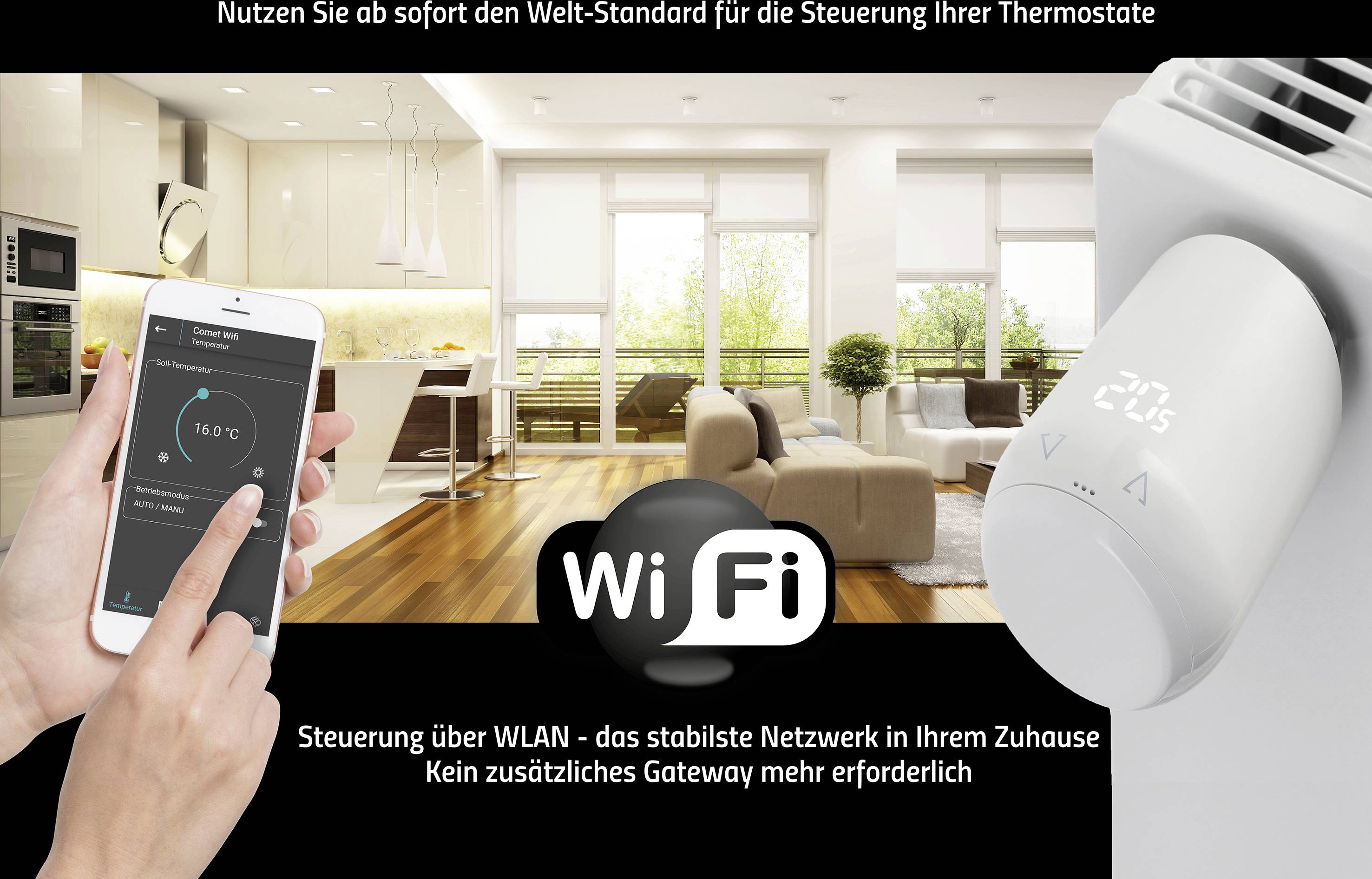 Smartphone zobrazuje aplikaci termostatu vedle WiFi termostatu v obývacím pokoji. Text: 'Ovládání přes WiFi - nejstabilnější síť ve vašem domově'.
