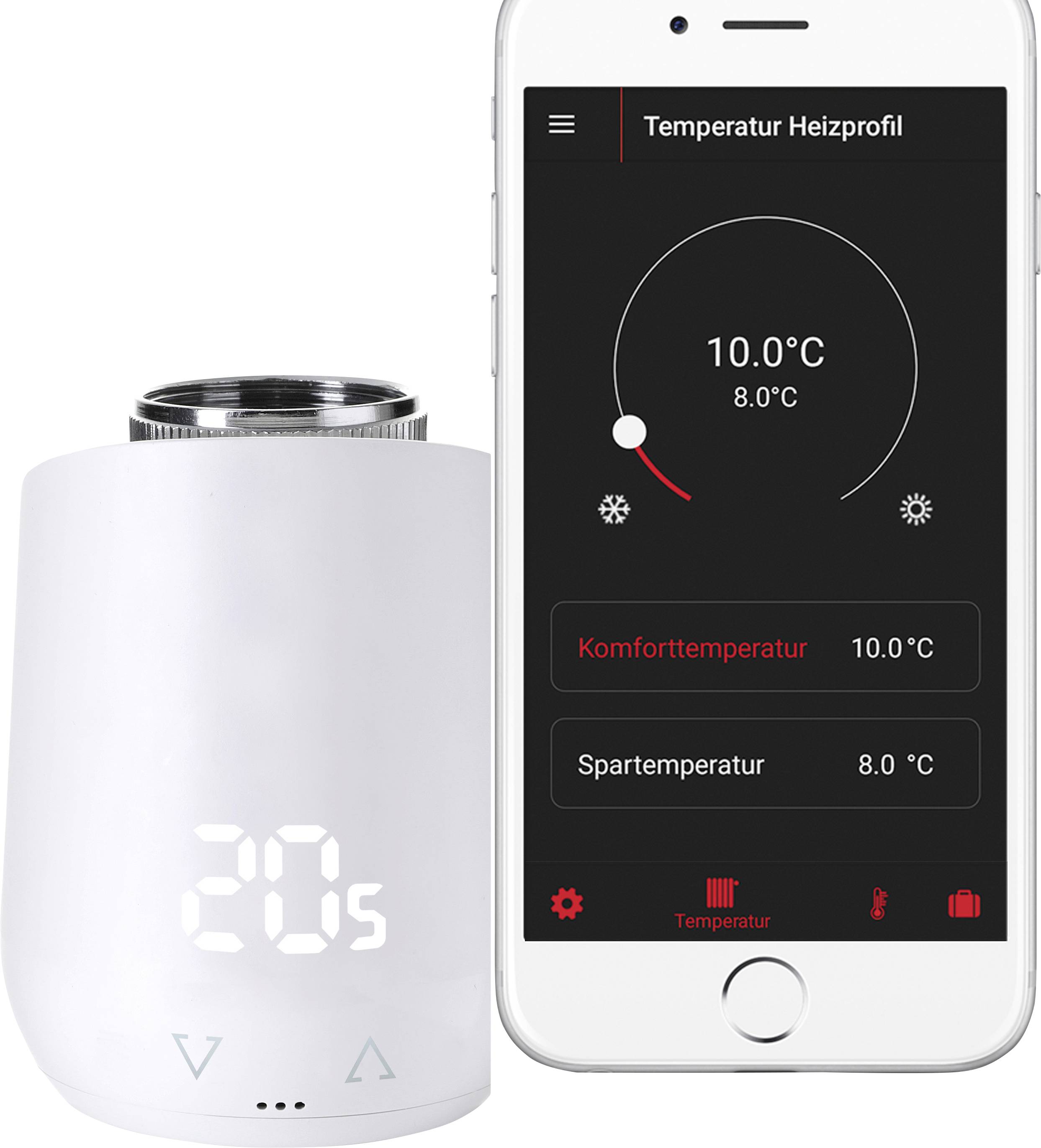 Digitální termostat ukazuje '20°C'. Vedle něj mobilní aplikace zobrazuje možnosti ovládání teploty a aktuální hodnoty.
