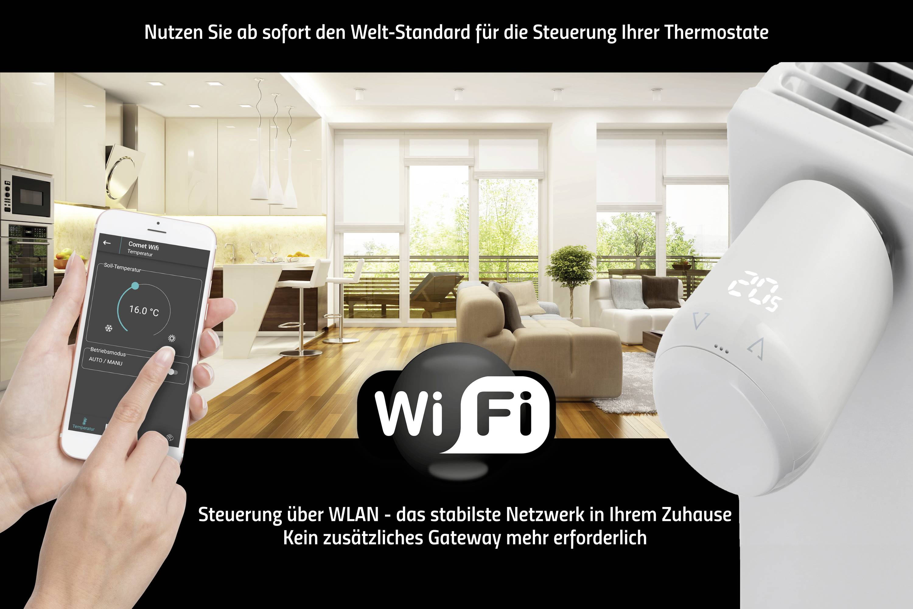Chytrý telefon zobrazuje termostatickou aplikaci. Vedle něj je WiFi termostat. Text: 'Začněte využívat světový standard pro ovládání vašich termostatů'.