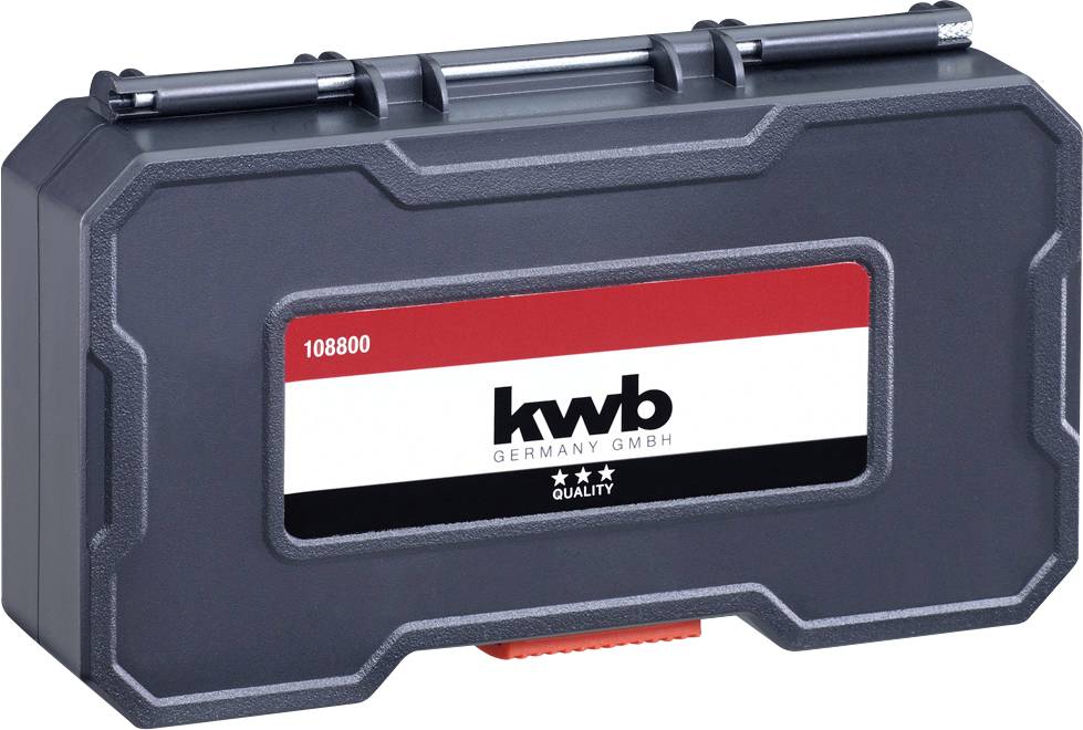 Černý kufřík s etikety společností 'kwb Germany GmbH' a 'Quality'. Obsahuje nářadí, přenosný s horní rukojetí.