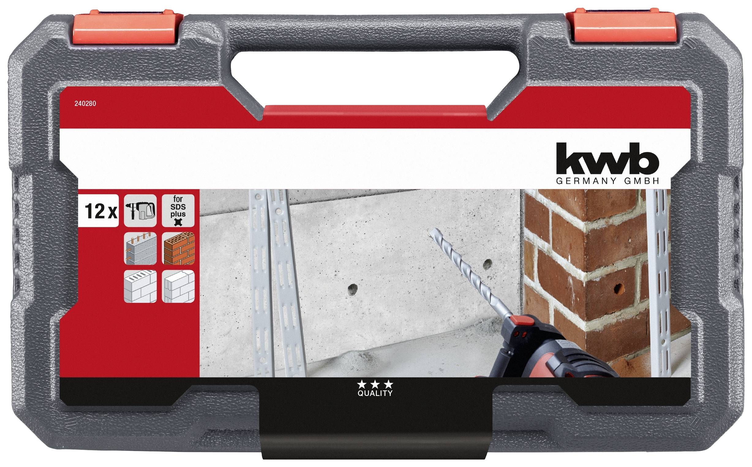 Sada vrtáků s obrázkem vrtáku vrtajícího beton a cihly. Texty: '12x bitů', 'Pro SDS Plus'. Označeno: kwb Germany GmbH.