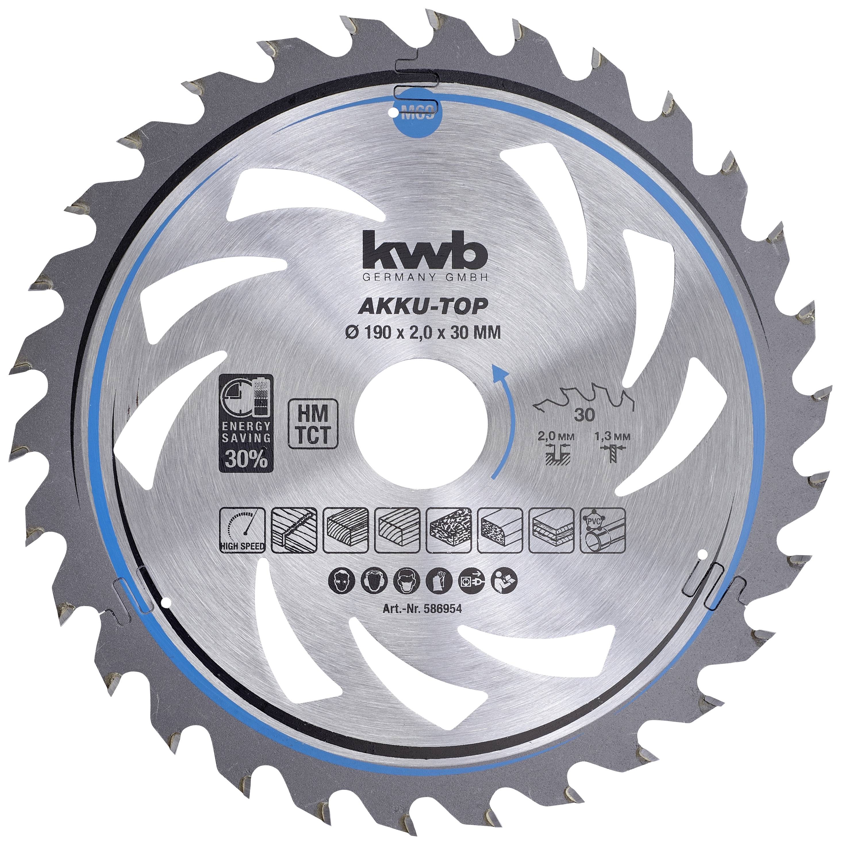 Pilový kotouč, 'kwb', 190 x 2,0 x 30 mm, 30 zubů, úspora energie 30%, technologie HM-TCT, pro akumulátorové přístroje, stříbrná barva.