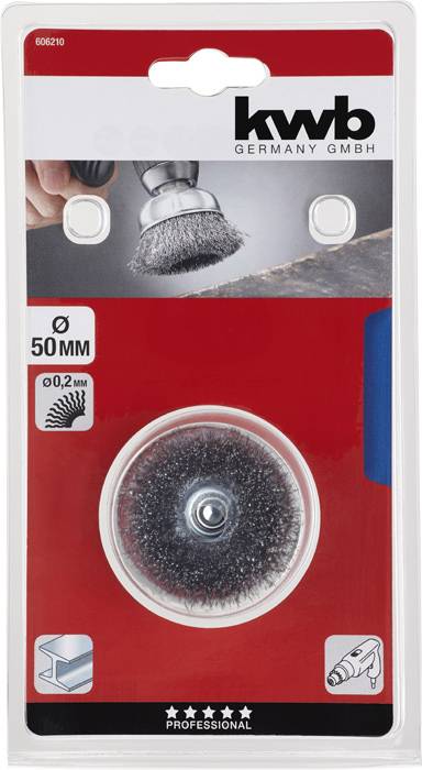 Balený drátěný kartáč s průměrem 50 mm pro vrtačky, určený pro opracování kovů, značky 'kwb'.