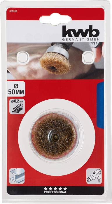 Kulatý drátěný kartáč od 'kwb Germany GmbH' v blistrovém balení, průměr 50 mm, vhodný pro vrtačky, síla drátu 0,2 mm.