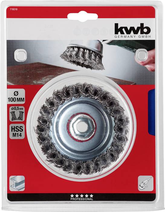 Drátěný kartáč pro úhlovou brusku, průměr 100 mm, určený k odstraňování rzi z kovových povrchů.