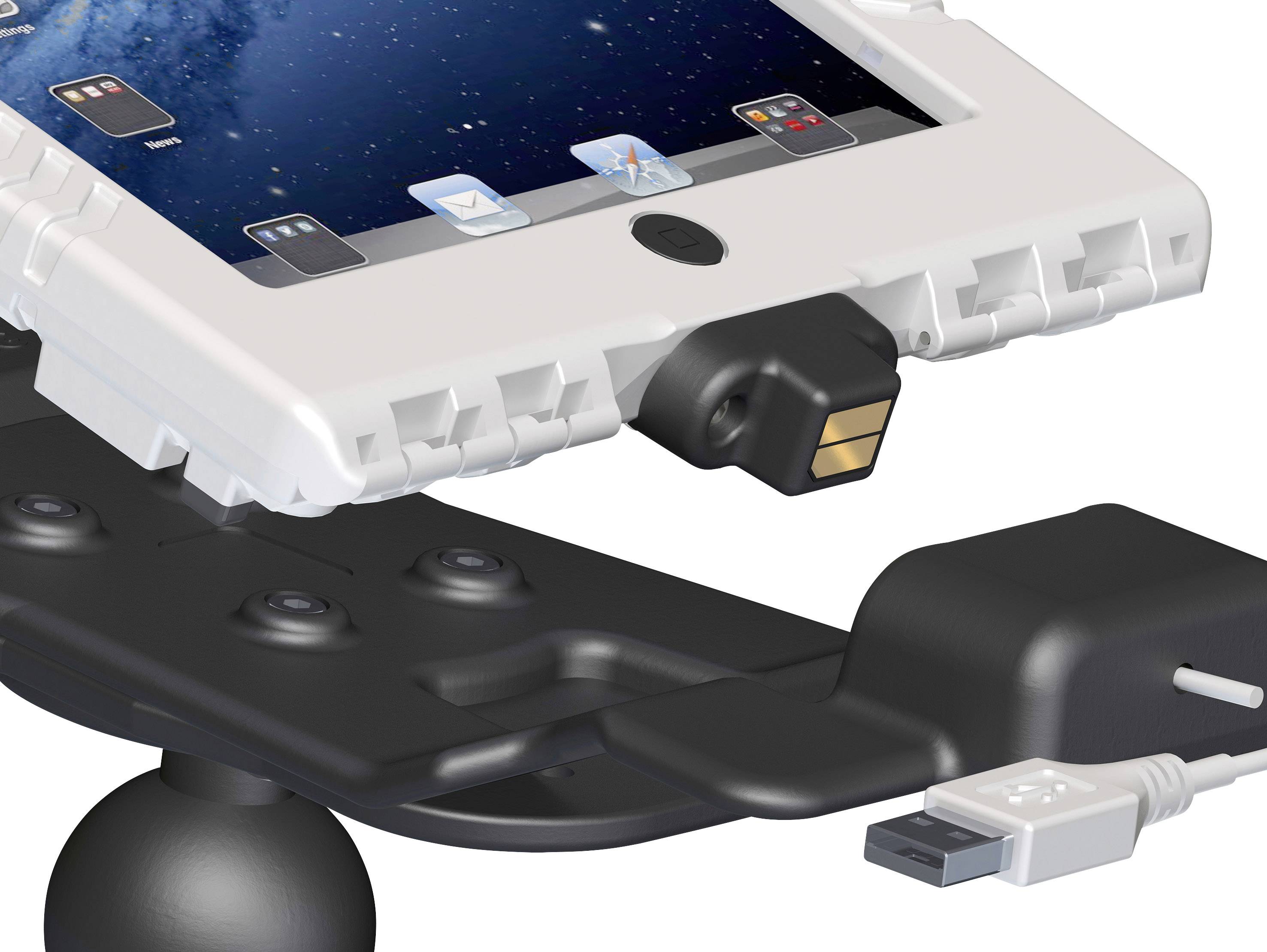 Detailní záběr držáku tabletu s robustním pouzdrem, namontovaným na pohyblivém rameni, připojeným přes USB port.