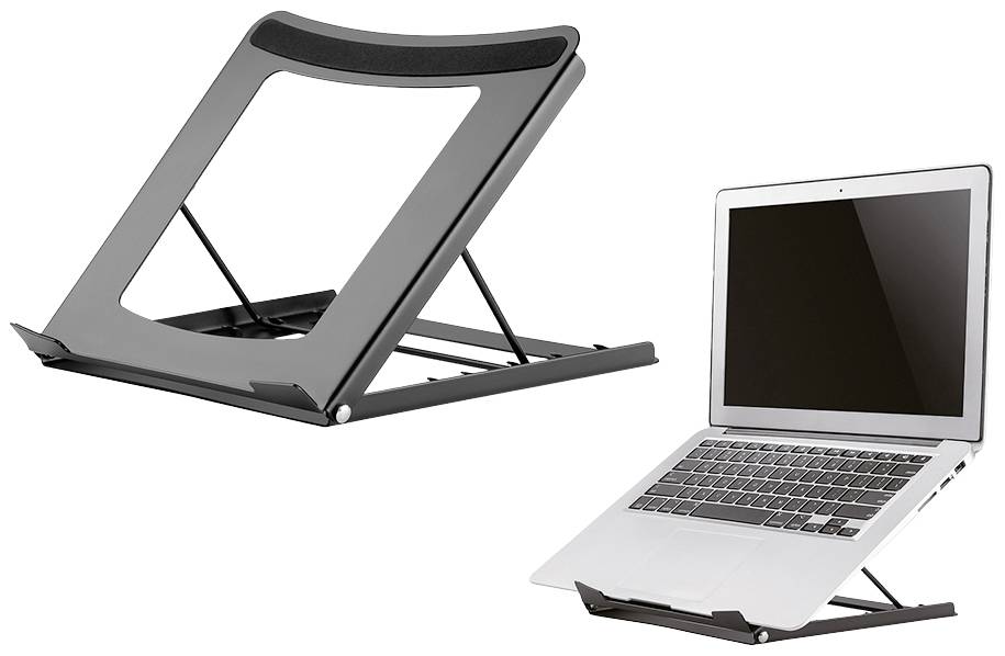Skládací kovový stojan na notebook vhodný pro ergonomické používání. Zobrazuje dvě polohy: prázdný a s nainstalovaným notebookem.