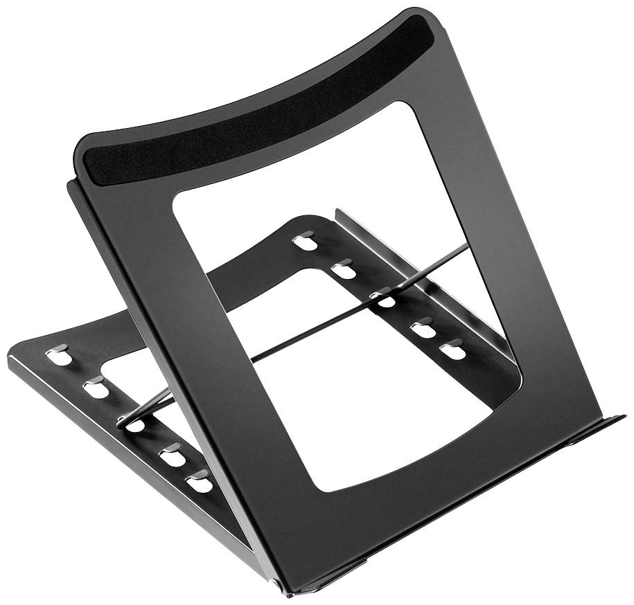 Černý kovový stojan na laptop nastavitelný ve výšce s větrací mřížkou, vhodný pro ergonomické umístění notebooku.