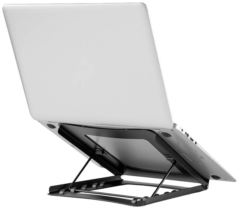 Notebook na nastavitelném černém kovovém stojanu, který zvyšuje výšku obrazovky pro ergonomickou práci.