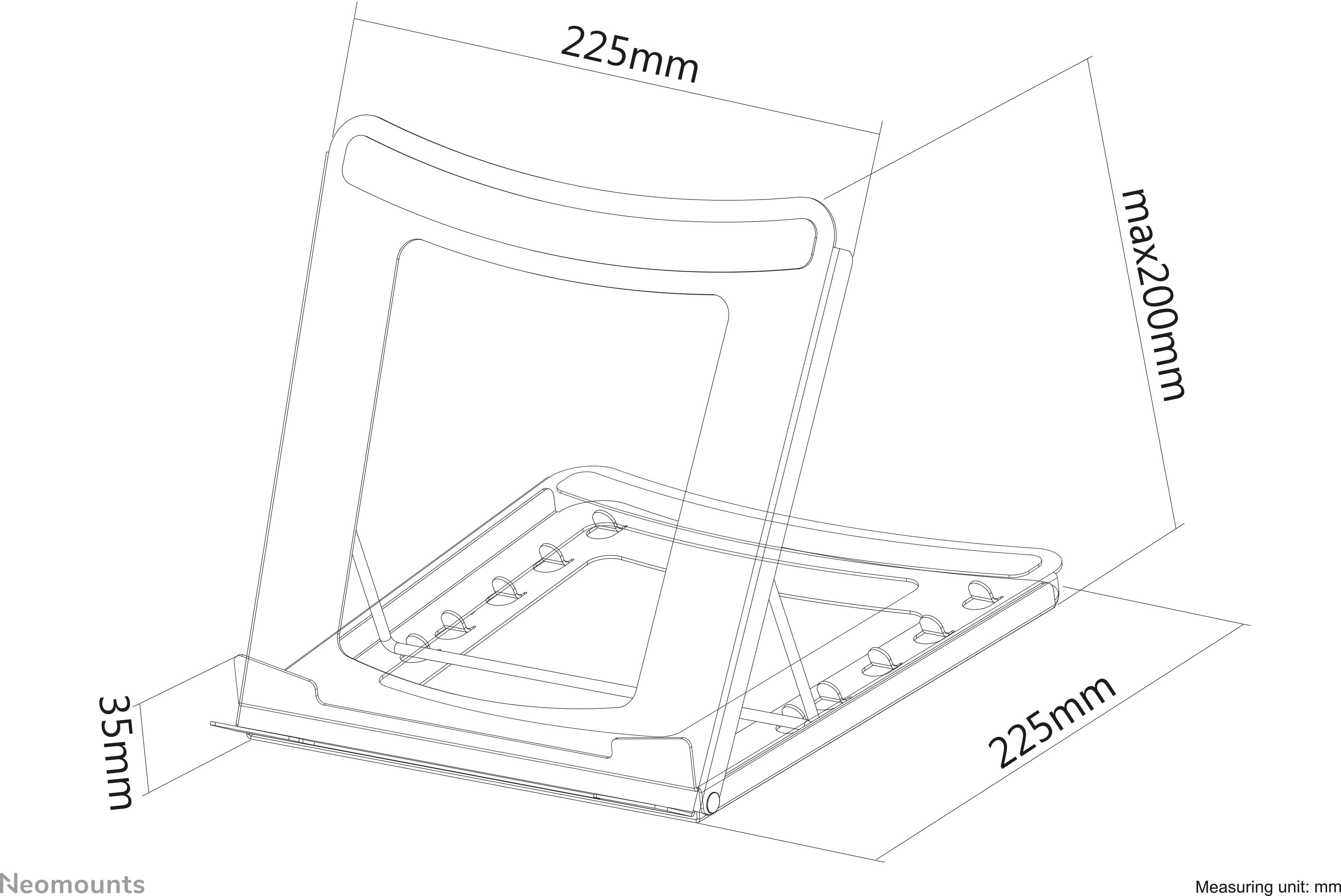 Trojrozměrný náčrt stojanu na tablet. Rozměry: šířka 225 mm, hloubka 225 mm, maximální výška 200 mm, spodní hrana 35 mm.