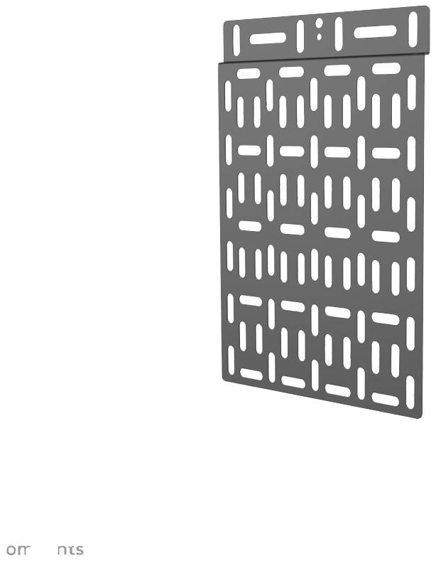 Šedá, obdélníková kovová lišta s několika drážkami a upevňovacími body, umístěná vertikálně.