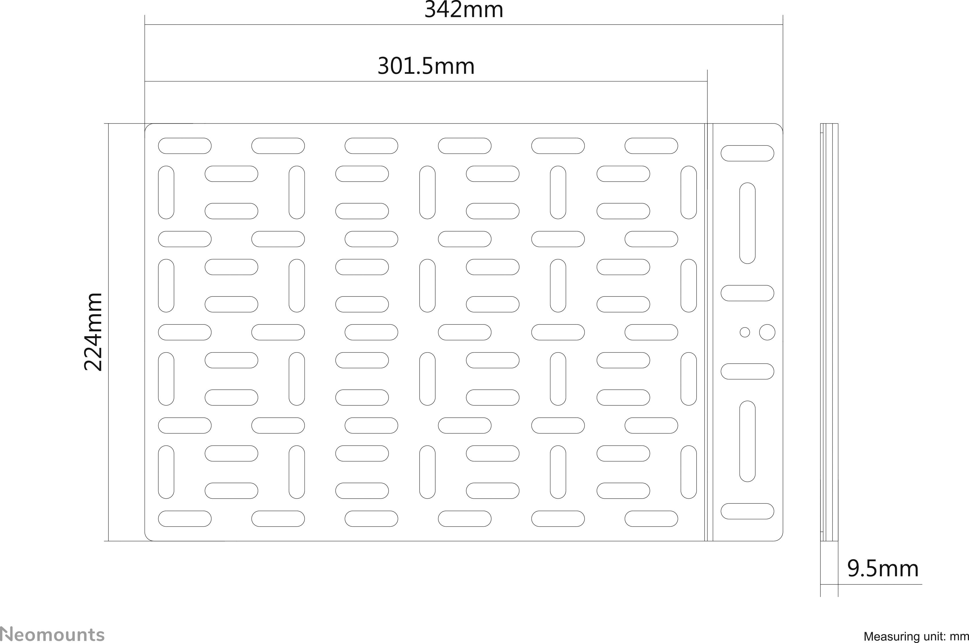 Diagram kovové desky s děrovanými otvory. Rozměry: šířka 342 mm, výška 224 mm, vzdálenost mezi otvory 301,5 mm. Boční pohled ukazuje tloušťku 9,5 mm.