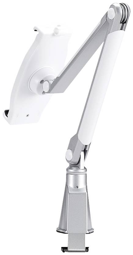 Stříbrný, nastavitelný rameno monitoru s bílým upevňovacím prvkem, určené k uchycení obrazovky na psacím stole.