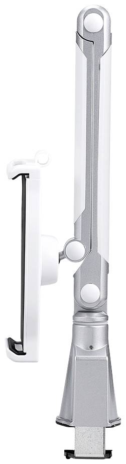 Kovový nastavitelný stojan na tablety a smartphony ve výšce, pohled z boku, zobrazuje flexibilní mechanismus nastavení.