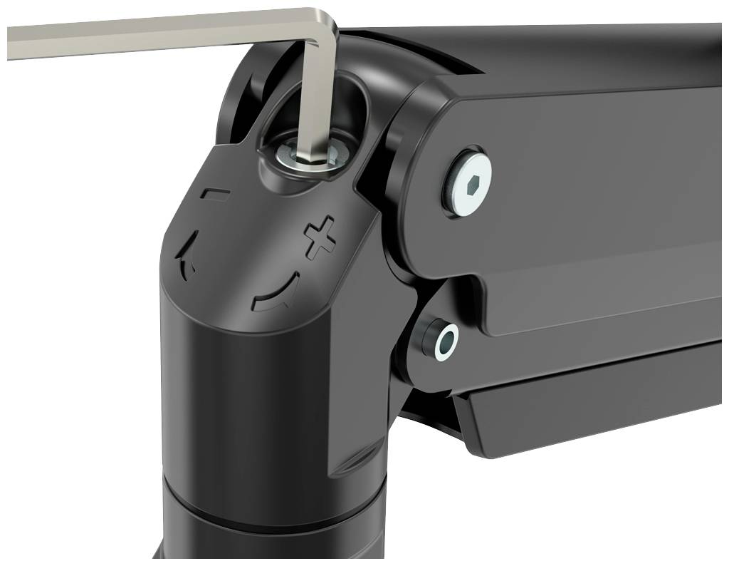 Detailní záběr kloubu s imbusovým klíčem nastavujícím napětí. Jsou viditelná plus a minus znaménka.