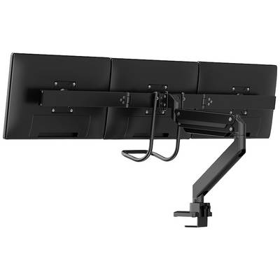 Trojitý držák monitoru s třemi monitory, černý, pohled zezadu.