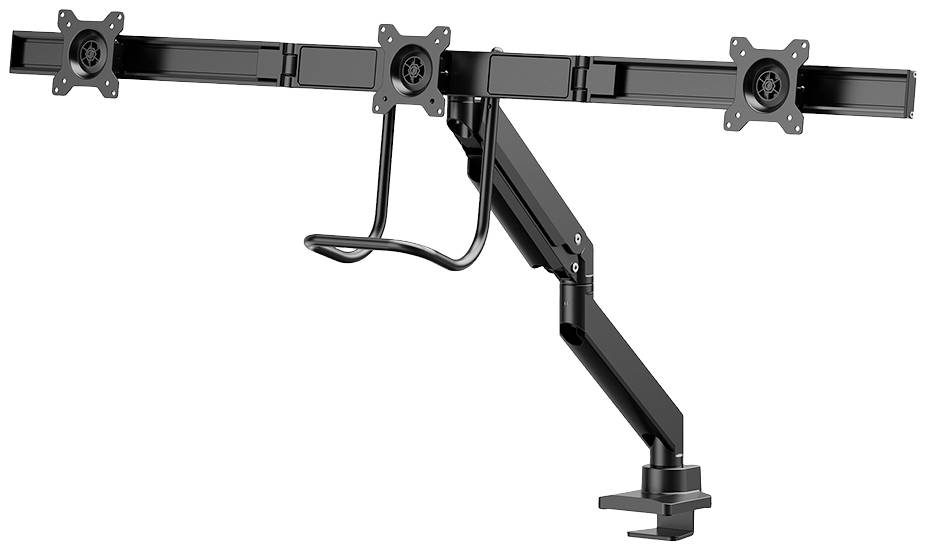 Držák monitoru se čtyřmi upevňovacími body a flexibilním ramenem pro montáž na stůl, vhodný pro instalaci několika obrazovek.