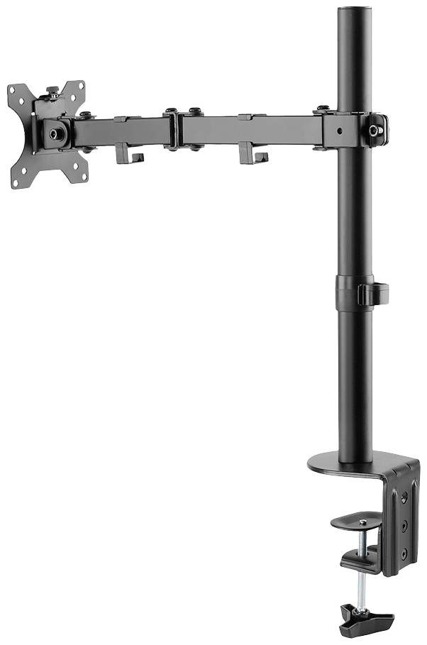 Černý držák monitoru se svorkou pro upevnění na stůl. Pohyblivé rameno s několika klouby umožňující flexibilní polohování.