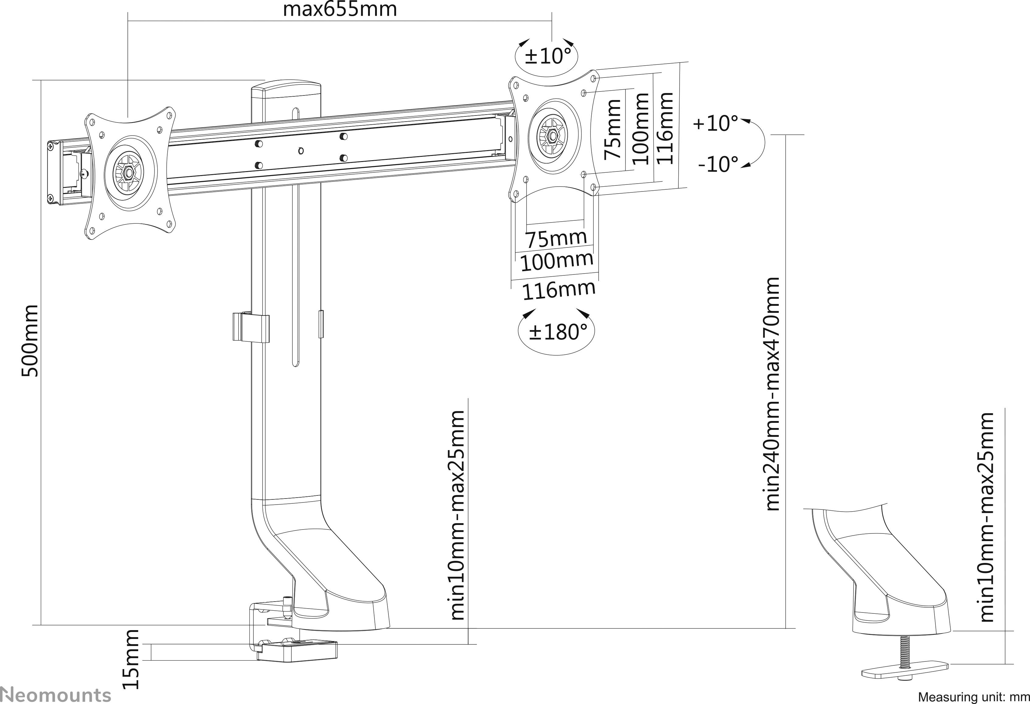 Technický výkres nastavitelného držáku monitoru s rozměry. Maximální délka ramene: 655 mm. Úhel náklonu: +10°/-10°.