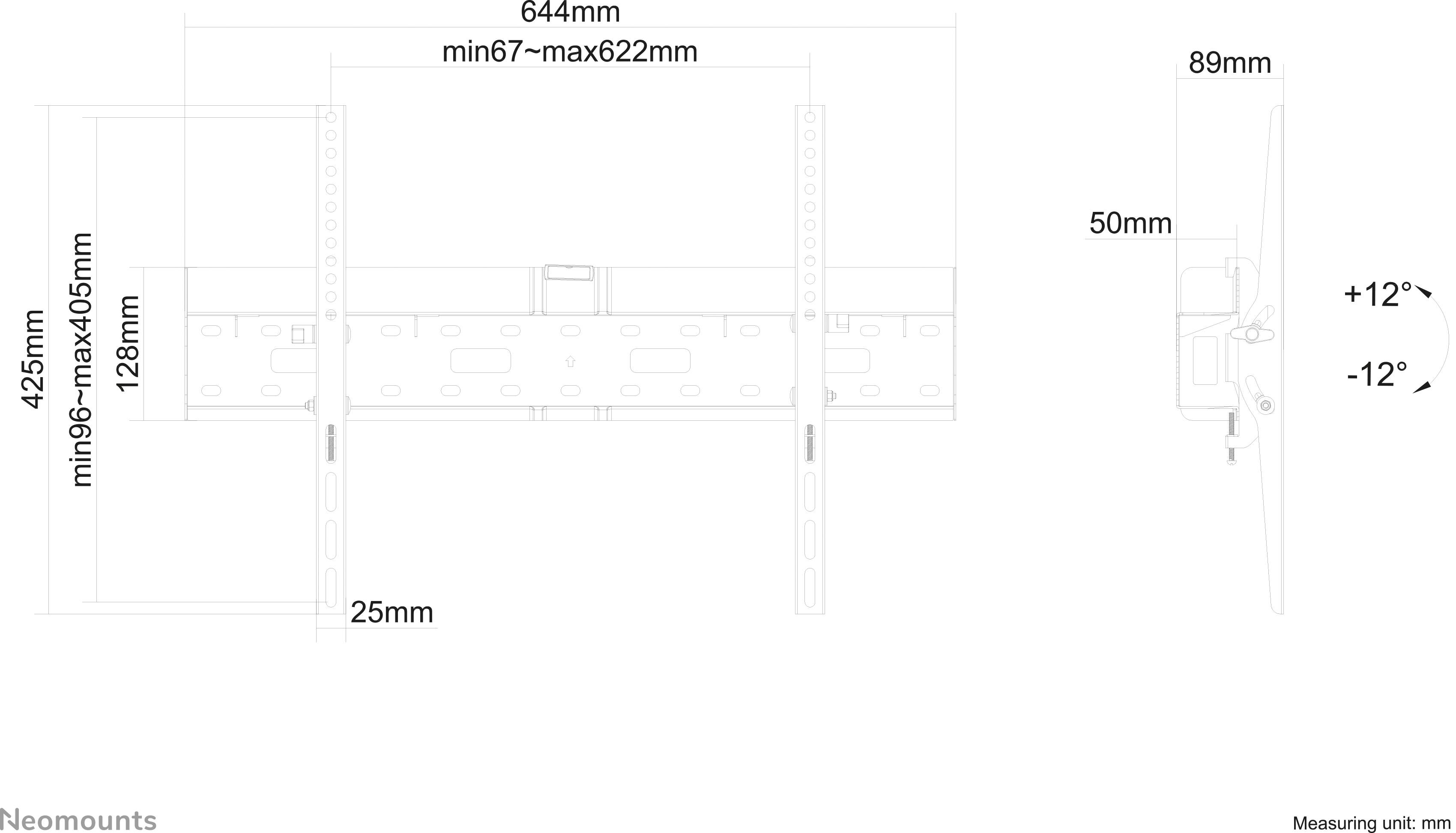 Montážní návod pro držák monitoru: Šířka 644 mm, výška nastavitelná od 96 do 505 mm, náklon od +12° do -12°.
