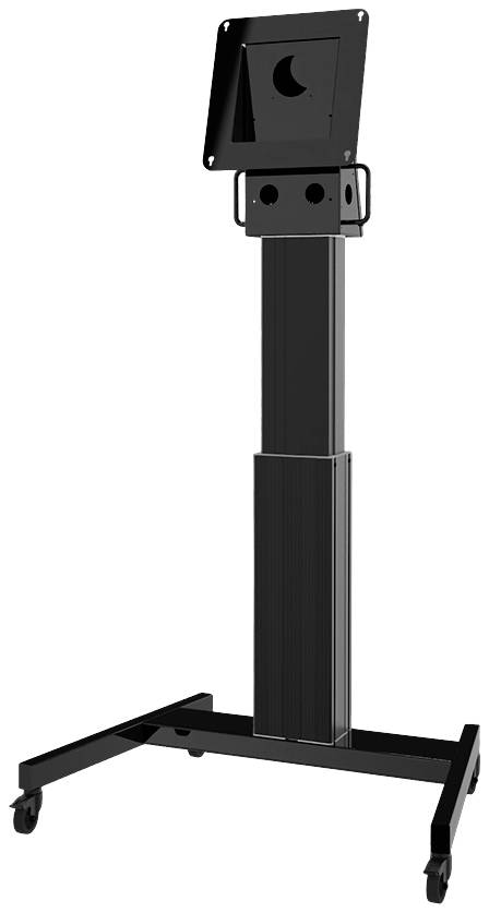 Černý stojan nastavitelný ve výšce s kolečky, vhodný pro elektronická zařízení, například monitory nebo tablety.